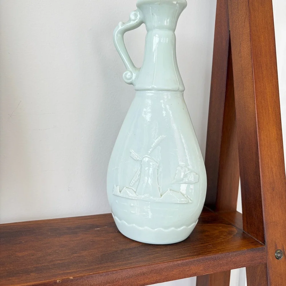 Vintage Milk Glass Nautical Sailboat Windmill Decanter Bottle Blue White 10.75in